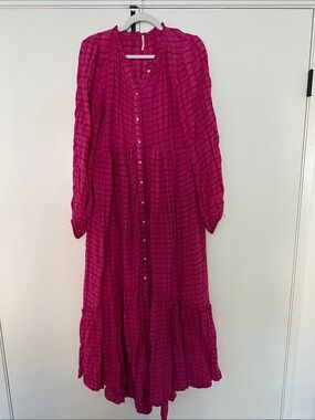 Freepeople Long Sleeve Fuchsia Button-Front Maxi Dress